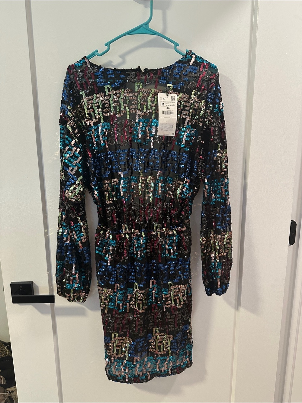 Zara Black Multicolor Sequin Long-Sleeve Dress